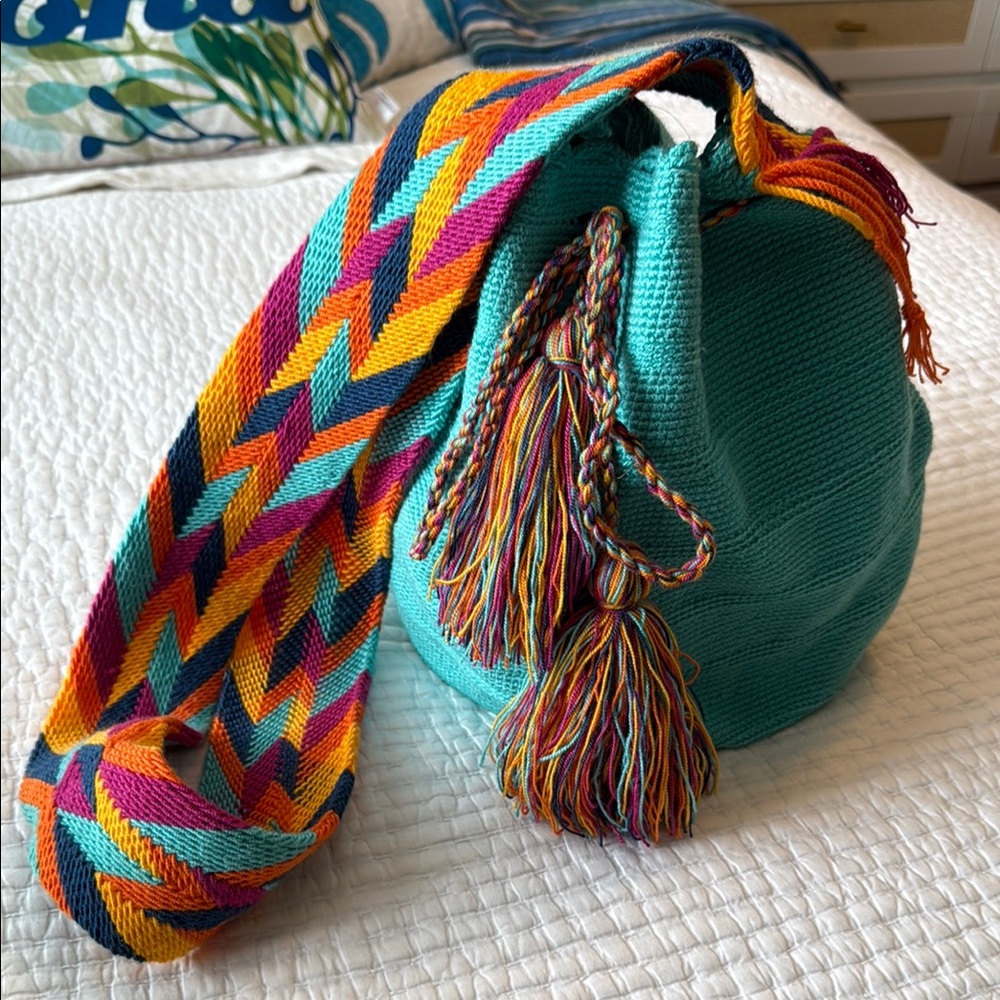 Colorful Woven Bucket Bag with Tassels